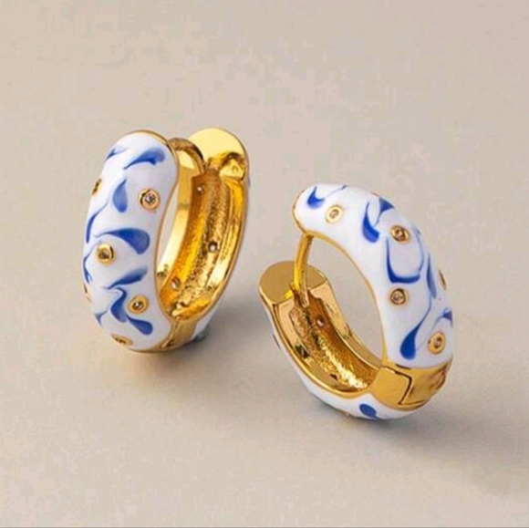 Blue and white porcelain enamel drip earrings; approximately .7" round. - Picture 2 of 8